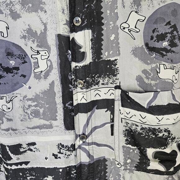 Vintage Mens Large Silk Button Up Gray Abstract Elephant Art Unique 80s Funky - Picture 7 of 12